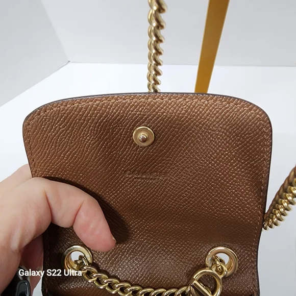 Coach Brown/Tan Leather Crossbody Phone Bag Wallet Chain Strap Gold Hardware - Picture 12 of 13